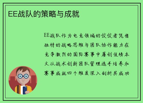 EE战队的策略与成就